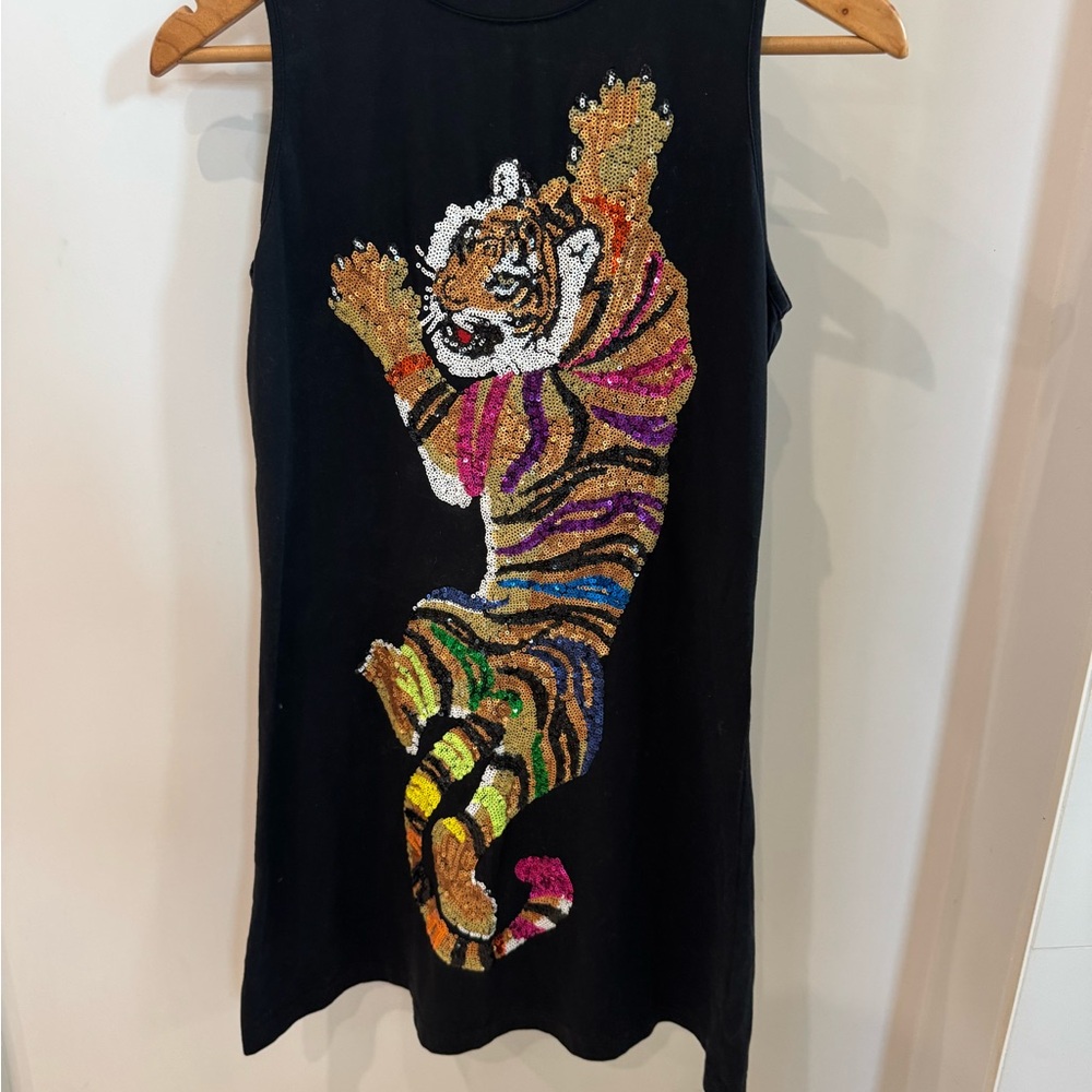 Black Sleeveless Top with Sequin Tiger Design